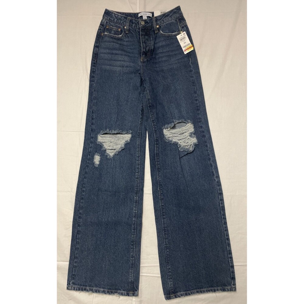 AND NOW THIS Womens Size 25 Wide Leg Ripped Distressed Denim Dark Blue Jeans